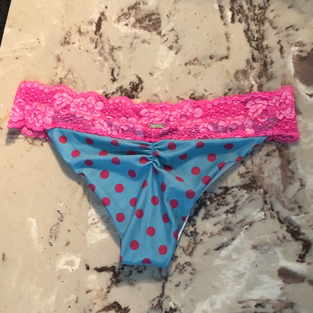 Beach Bunny Aqua Polka Dot Bikini with Hot Pink Lace Trim - Picture 2 of 8